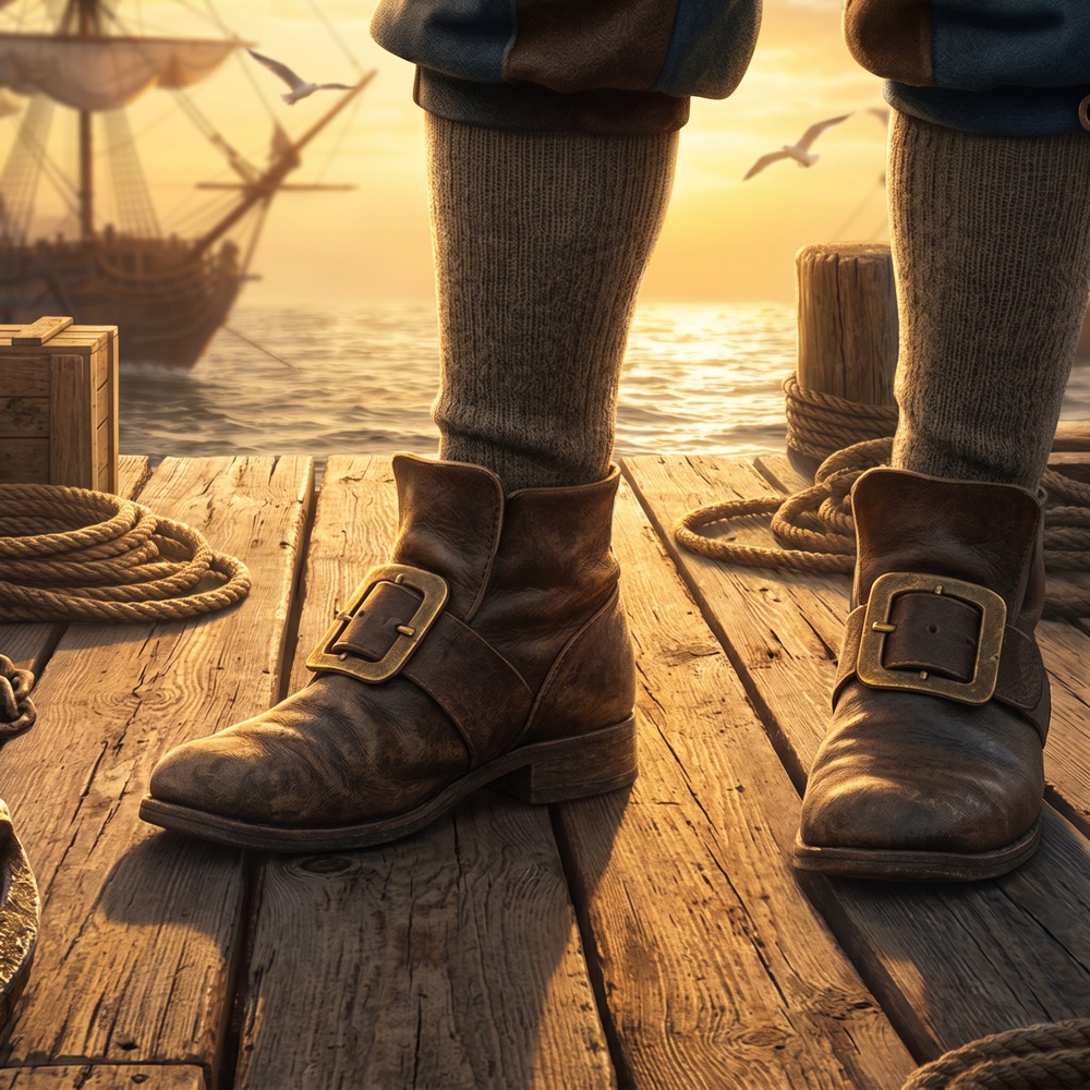 A captain's buckled boots on a sunlit dock, a tall ship waiting in the harbor